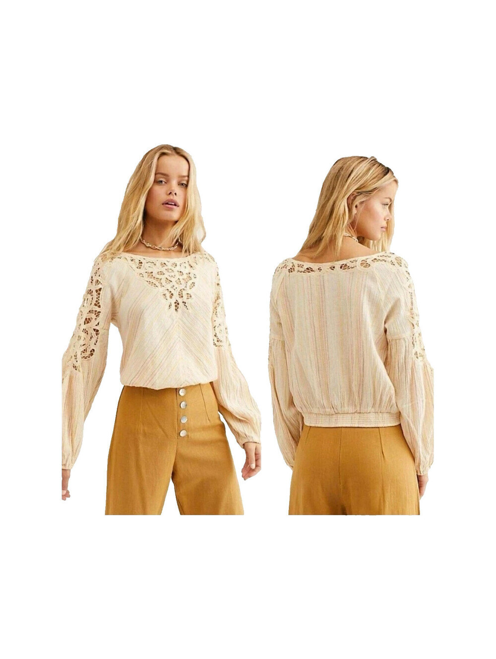 Free People Top MEDIUM Blouse Floating Memories Lace Artsy Boho Ivory Hippie